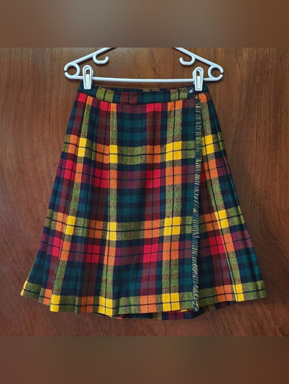 1950s Vintage Pleated Skirt 50s Rainbow Wool Fringe Plaid Colorful XS Small MCM